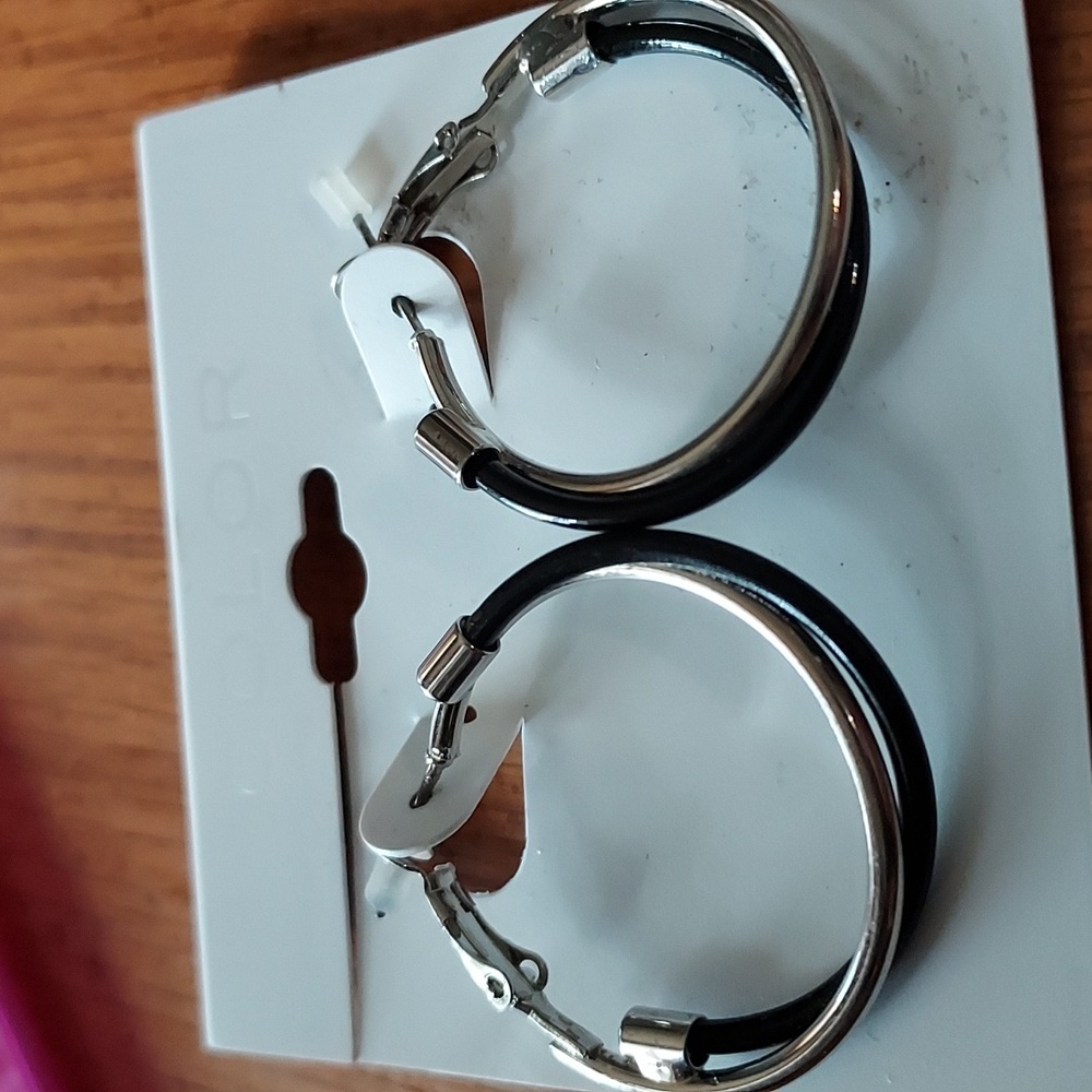Black and silver braided hoop earrings
